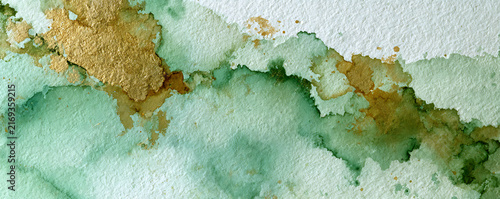 Emerald Green and Gold Abstract Ink Wash Texture on Paper Background