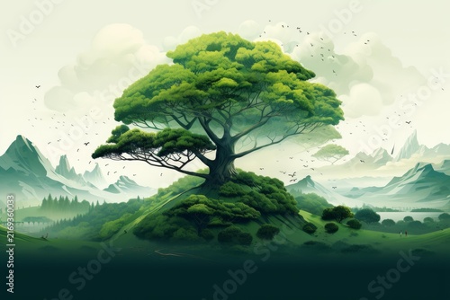 Large tree growing on a verdant hill, surrounded by green mountains and flying birds