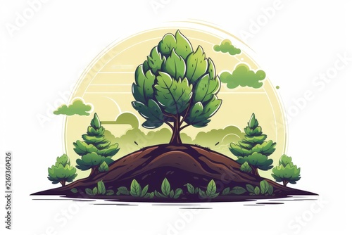Green tree standing on a hill surrounded by smaller trees and clouds, symbolizing growth and nature