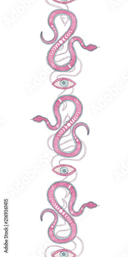 Seamless vertical border pattern hand drawn mystical pink snakes, third eyes, moon phases. Esoteric celestial edging, watercolor illustration, graphic line art. For tape, frame, boho textile, ribbon