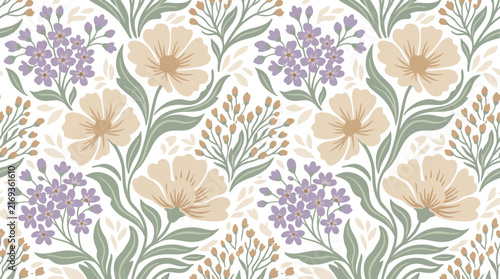 Soft pastel floral pattern featuring beige blossoms and purple sprigs for decorative design.