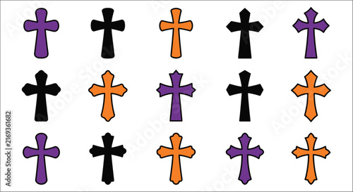 Картината върху платно Assorted christian crosses in purple black and orange hues displayed against a w