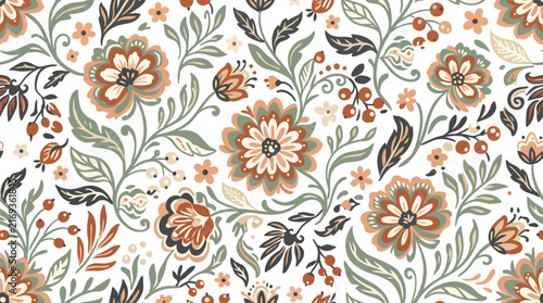 Ornamental floral pattern featuring orange flowers and green leaves on a light background for textiles and decor.