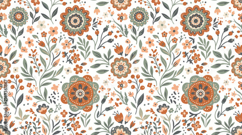 Bold floral pattern with orange and teal blooms and leafy motifs for textile and wallpaper designs.