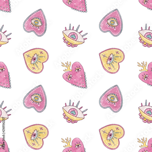 Seamless esoteric pattern with hand drawn pink sacred hearts, surreal evil eyes and magical elements isolated on white background. Boho watercolor design for textile, wrapping, girly stationery print