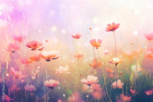 Cosmos flowers blooming in a soft focus meadow with glowing bokeh light