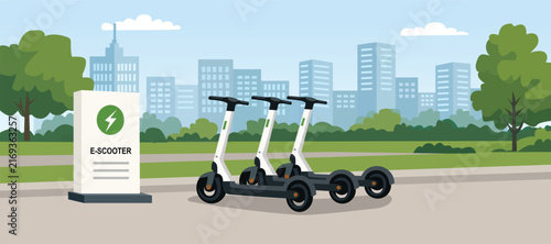 Electric Scooter Parking Station. Electric Scooter Charging Point. Smart Mobility Scooter Station.