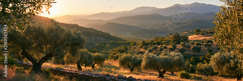 mediterranean olive grove at sunrise, ancient olive trees across golden rolling hills, rustic mediterranean countryside with distant blue mountains