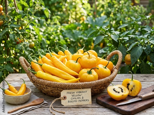 Freshly harvested yellow squash and zucchini in a rustic woven basket outdoors.