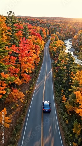 Aerial View of Car Driving Through Vibrant Autumn Forest Road - An aerial drone shot captures a dark blue car driving on a winding asphalt road through a dense forest ablaze with vibrant autumn