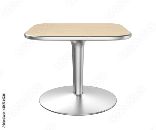 Modern silver metal coffee table with wooden top on transparent background