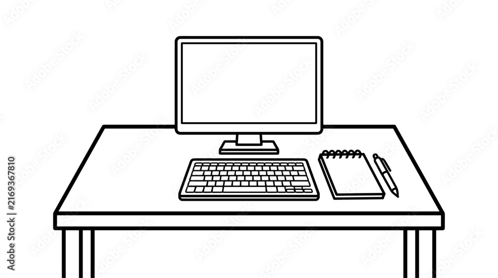 Fototapeta premium Simple black and white line art illustration of an office desk with a computer, keyboard, notepad, and pen on a white background.