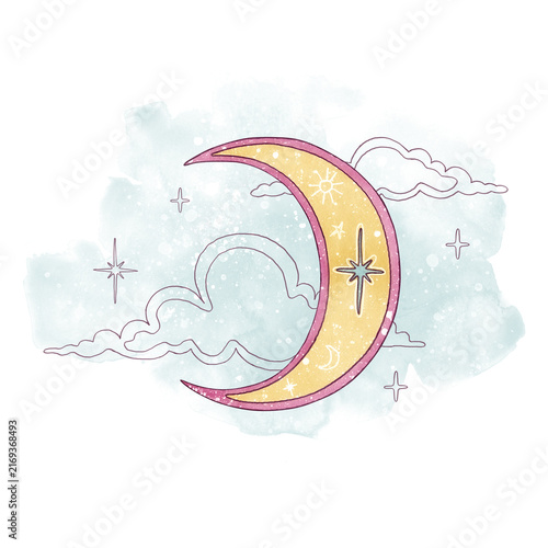 Cute hand-drawn watercolor crescent moon surrounded by graphic clouds and stars. Whimsical celestial night sky concept in pastel yellow, blue mint colors. Illustration isolated on white background