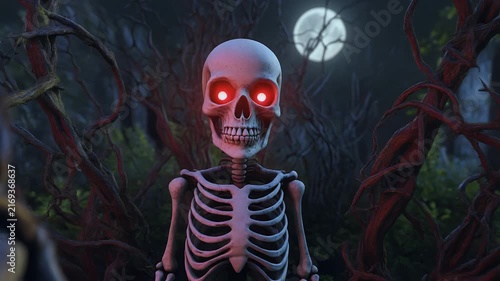 A skeletal figure with glowing red eyes emerges from a dark, twisted forest under a full moon.
