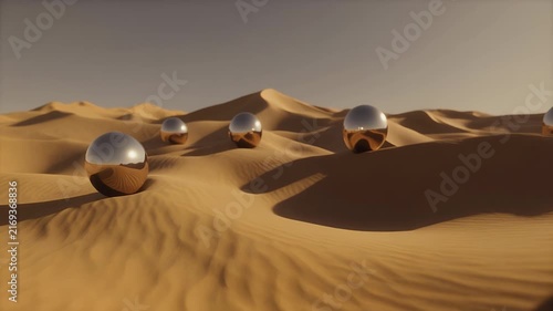 Reflective spheres scattered across a desert landscape.
