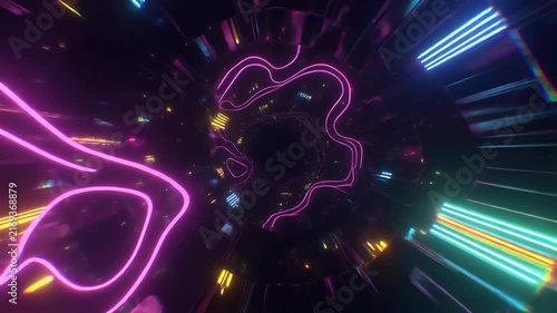 Abstract neon tunnel with glowing pink lines and scattered lights