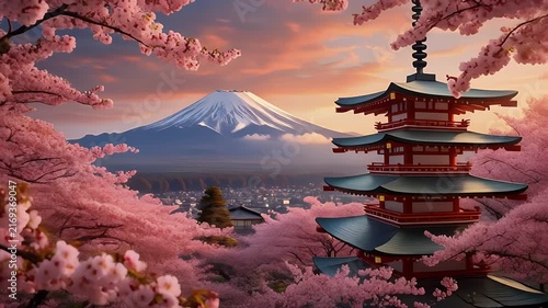 A scenic Japanese landscape featuring Mount Fuji, a pagoda, and blooming cherry blossoms at sunset.