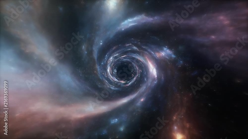 A breathtaking visualization of a black hole's event horizon with swirling cosmic dust and nebulae.
