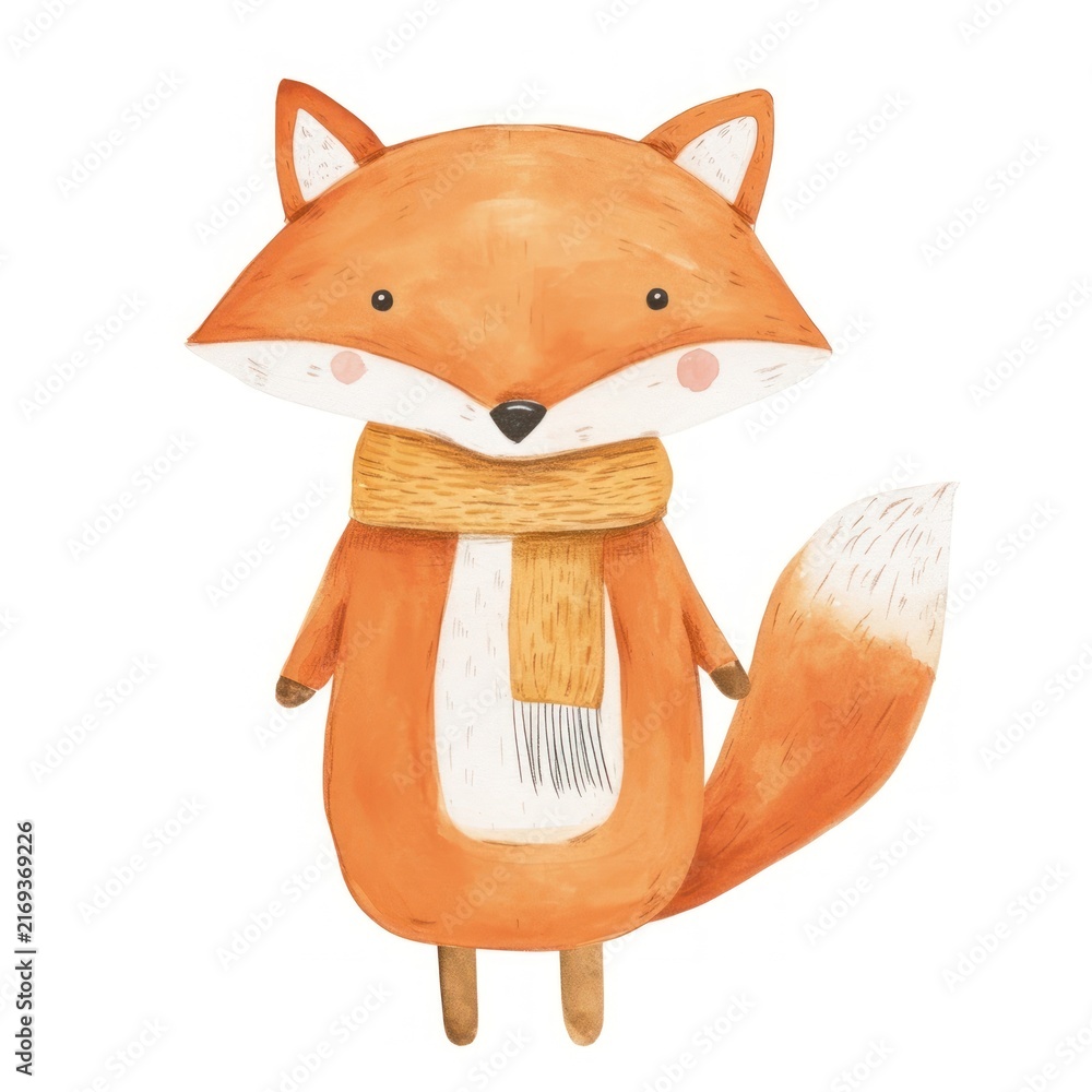Fototapeta premium Standing fox with scarf illustration hand-drawn cute.