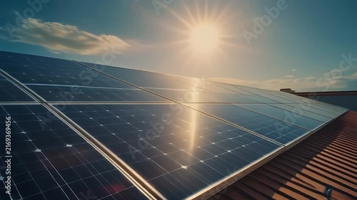 Solar panels on a rooftop bask in the warm sunlight under a clear blue sky.