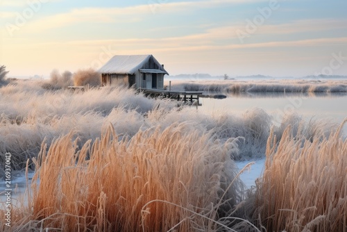 Old cabin standing by a reflective lake amidst frosted reeds during a chilly winter morning