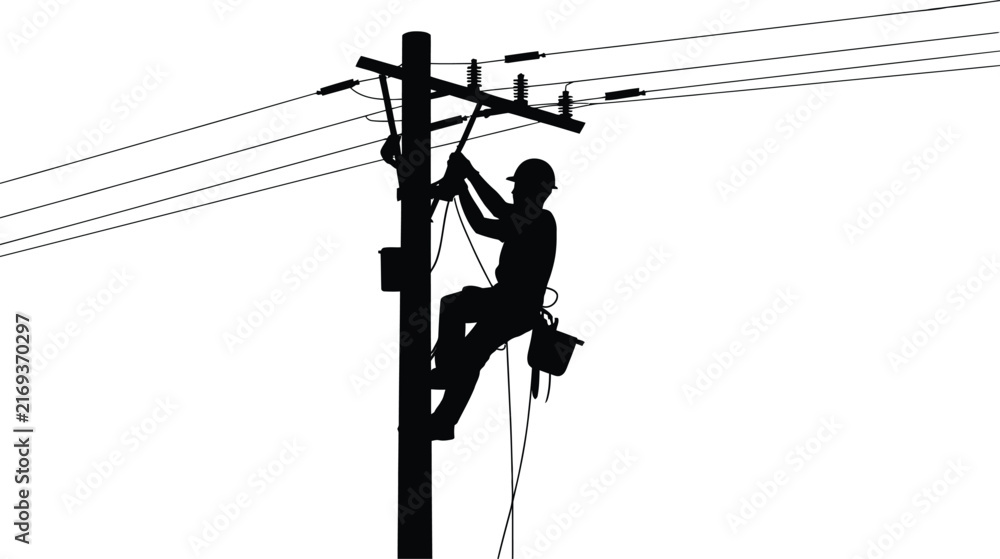 Fototapeta premium Black silhouette of an electric utility lineman climbing a wooden power pole to perform maintenance and repair work on overhead electrical transmission lines and cables