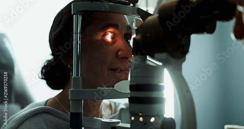 Konstfotografi Optometry, woman and slit lamp for eye exam, cornea check or diagnostic for ocular health
