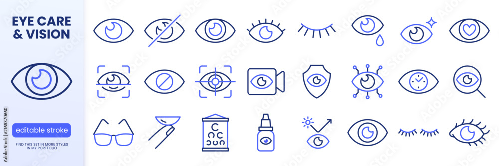 Obraz premium Eye, vision line icons set. Visible password, biometric scan, ophthalmology contact lens, eyeglasses, cry flat minimal vector illustration. Simple outline signs. Blue duotone color. Editable Stroke.