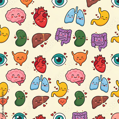 Kawaii Human Internal Organs Seamless Pattern with Cute Faces and Hearts