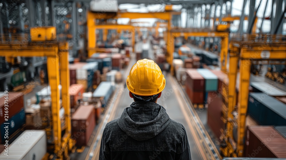 Fototapeta premium Engineer in yellow helmet standing on center of photo with background of heavy machinery in factory