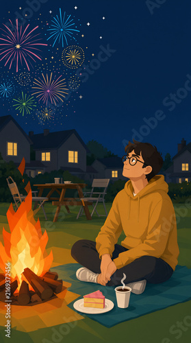 A young man in a yellow hoodie sits cross-legged by a bonfire at night, watching colorful fireworks over suburban houses. Podcast cover for community celebration and personal