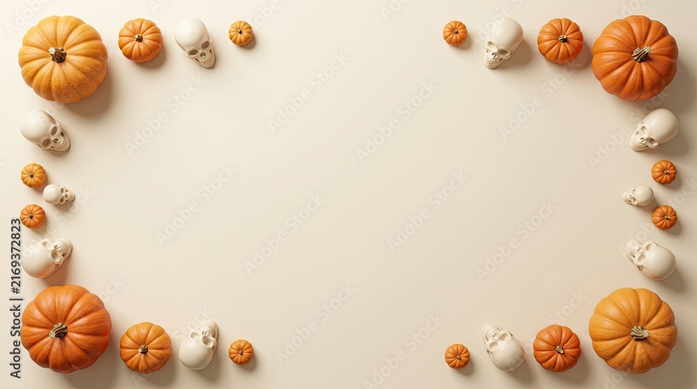 Fototapeta premium Autumn frame of colorful pumpkins and gourds on a neutral background for fall design