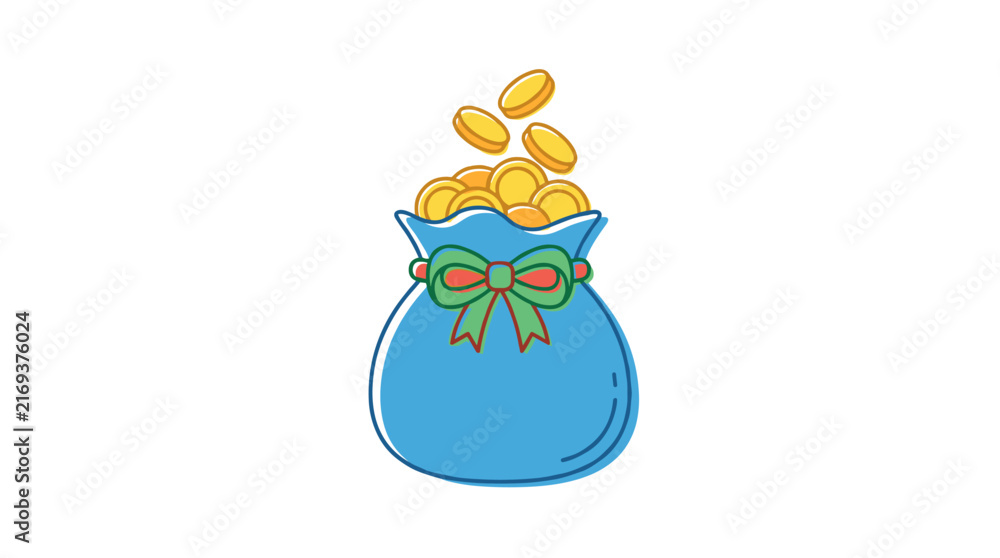 Naklejka premium Blue money bag icon overflowing with gold coins, tied with a green ribbon bow, flat design illustration isolated on white.