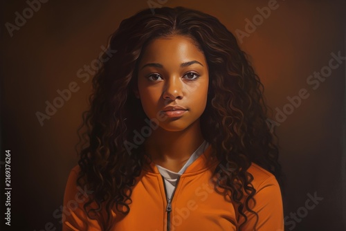 Young woman with long curly hair and an orange jacket posing in a studio