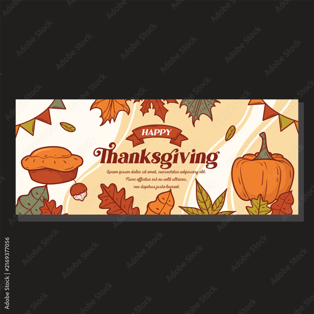 Fototapeta premium Happy thanksgiving day celebration header banner with pumpkins roasted pie and bunting flags