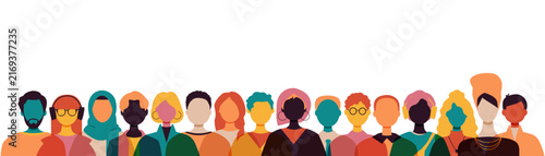 Different people standing together. Modern colourful design.	