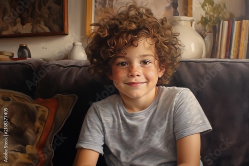 Happy child with curly hair looking directly at camera, capturing innocence and joy in daily life