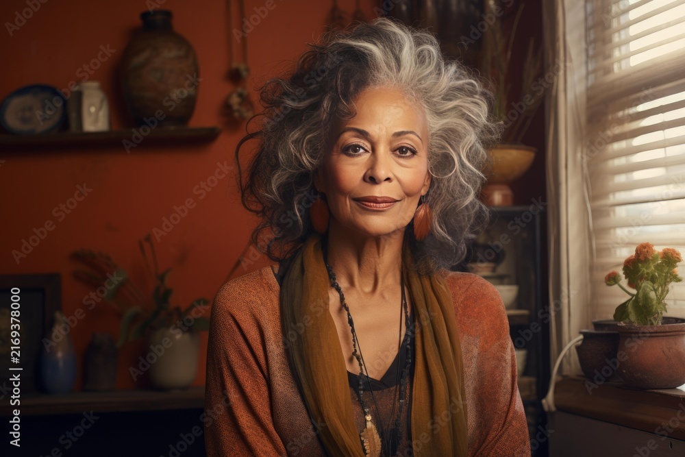 Fototapeta premium Mature woman portrait embodying bohemian style confidence and natural beauty