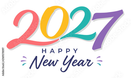 Happy New Year 2027 Colorful Typography Vector Design with Handwritten Lettering, Festive Celebration Greeting Isolated on White Background
