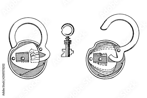 Open and closed padlocks with key, old vintage illustration, 1897.