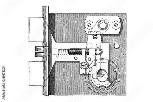 Mortise lock in the locked position, technical schematic with levers, springs, and screws, old vintage illustration, 1897.