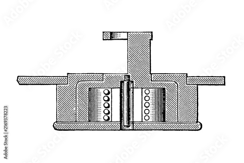Mortise lock case, technical cross-section of a lock mechanism with internal components, old vintage illustration, 1897.
