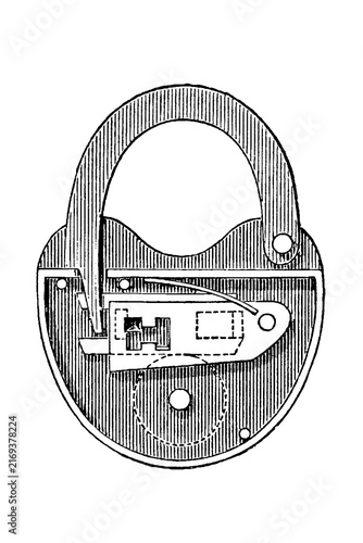 Padlock mechanism with internal components, vintage technical drawing, 1897.