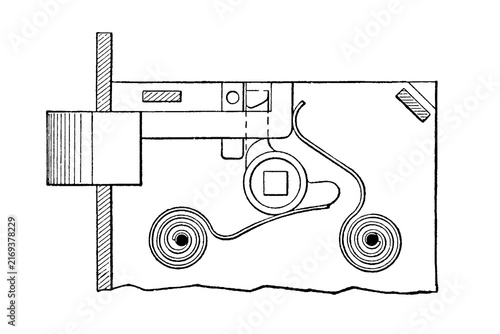 Mortise lock mechanism with cylinder and bolt, old vintage illustration, 1897.