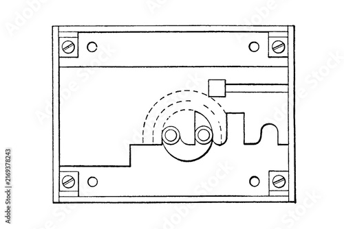 Lock mechanism with gears and screws in rectangular casing, old vintage illustration, 1897.