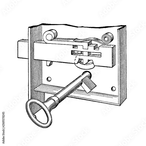 French key in a mortise lock, detailed technical diagram of locking components, old vintage illustration, 1897.