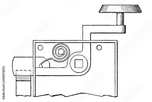 Mechanical locking mechanism with levers and springs, technical diagram, old vintage illustration, 1897.