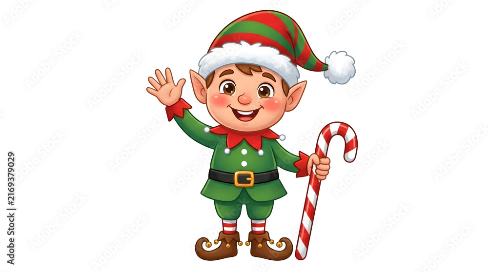 Fototapeta premium Cute Christmas elf cartoon character, festive holiday helper with candy cane, cheerful seasonal design for children's projects, adorable elf illustration for winter celebrations