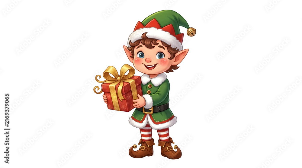 Fototapeta premium Charming Christmas elf character, a festive holiday helper delivering a wrapped gift, perfect for seasonal greetings and winter celebrations, a cute cartoon illustration.