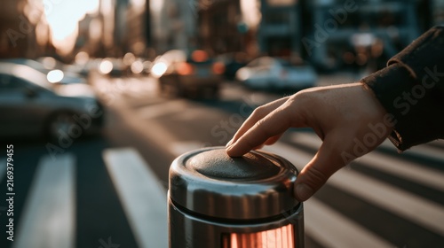 Person pressing a pedestrian button at a busy street crossing during sunset in an urban area